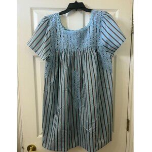 Mi Golondrina Oaxaca Embroidery Dress Light Blue with Stripes NWT